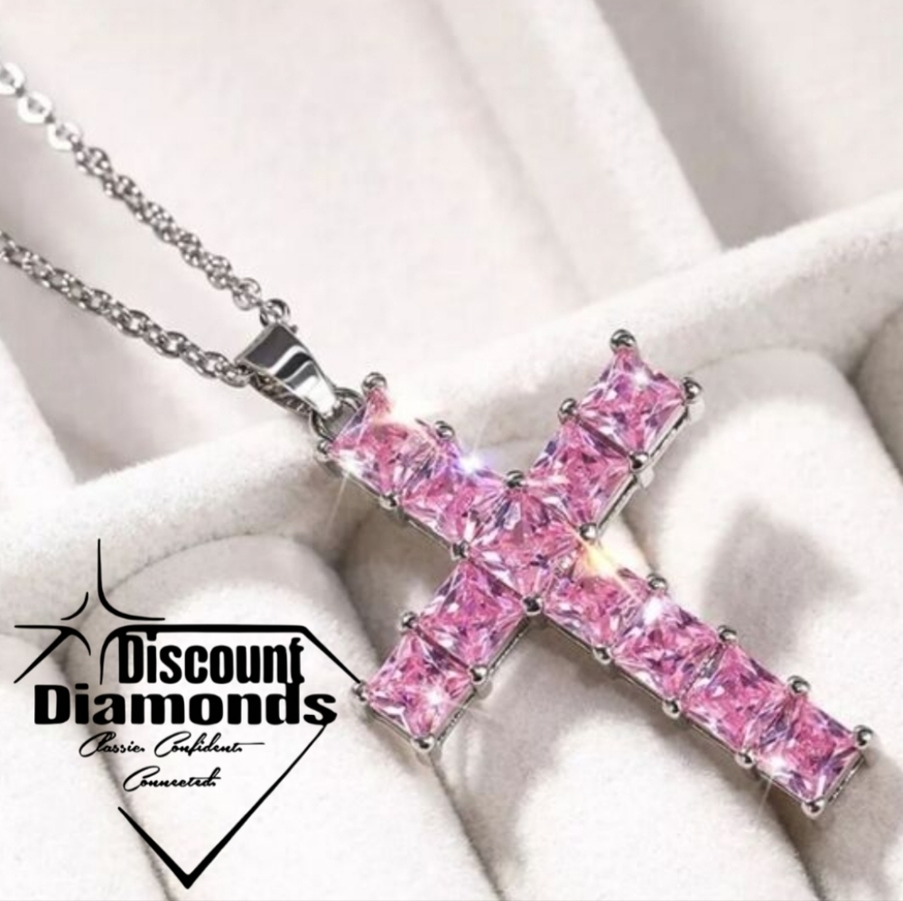 Pink Halo Diamond Cross Pendant Necklace 925 Sterling Silver